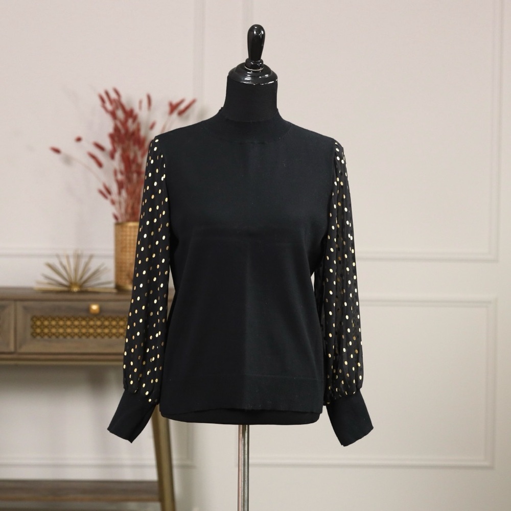 Cece Black Blouse With Gold Dot Sleeves